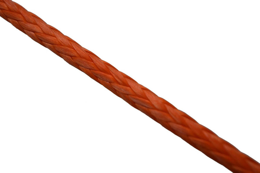 Close-up of orange braided synthetic winch rope