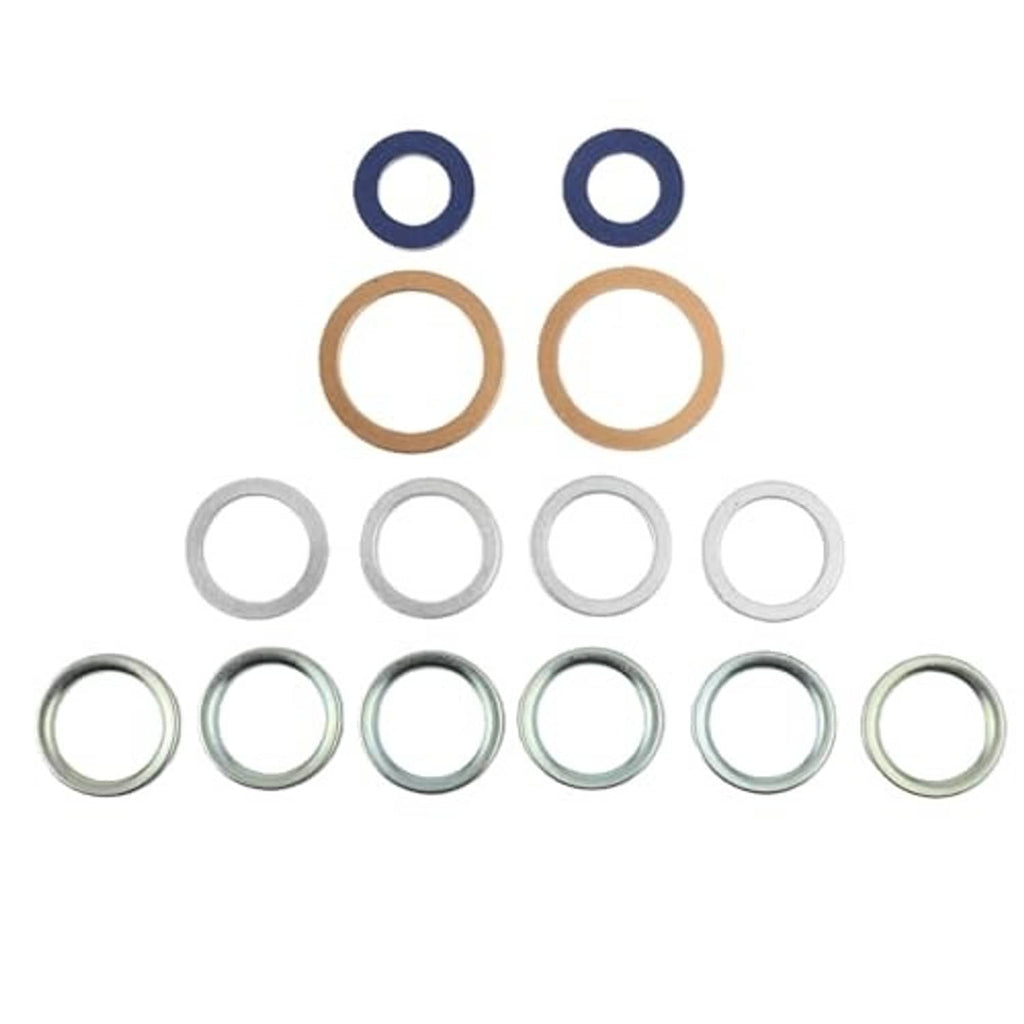 14-piece drain plug gasket set with mixed colored sealing rings and metal washers