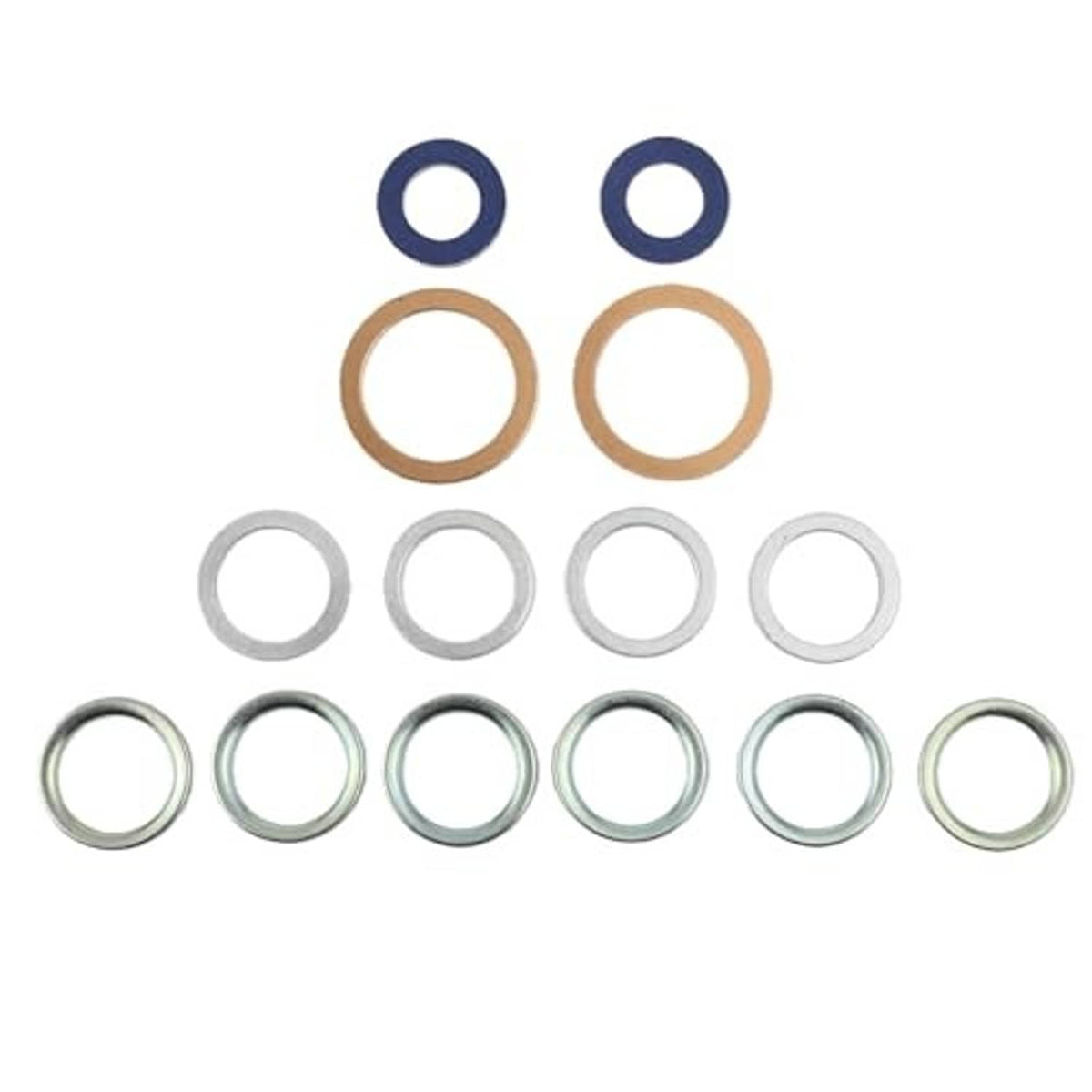 14-piece drain plug gasket set with mixed colored sealing rings and metal washers