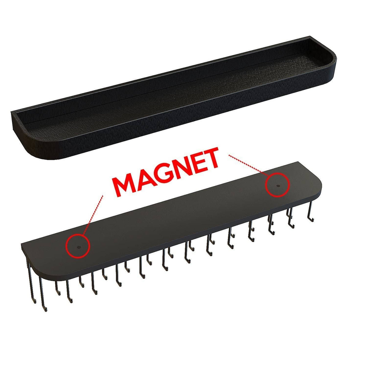 Black necklace holder with magnetic mounting points shown on the back bar