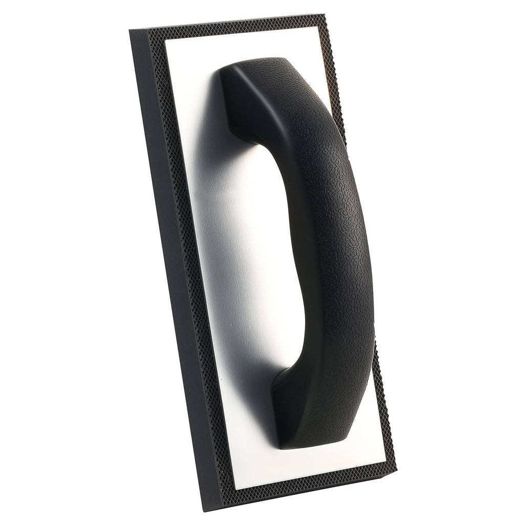 Rubber grout float with curved non-slip handle, textured sole for tile work
