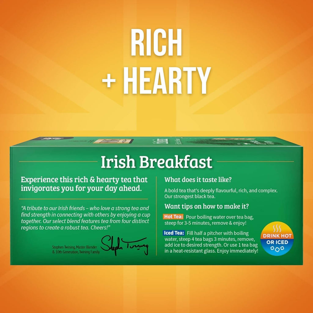 Twinings Irish Breakfast tea box side panel with brewing info and rich, hearty claim