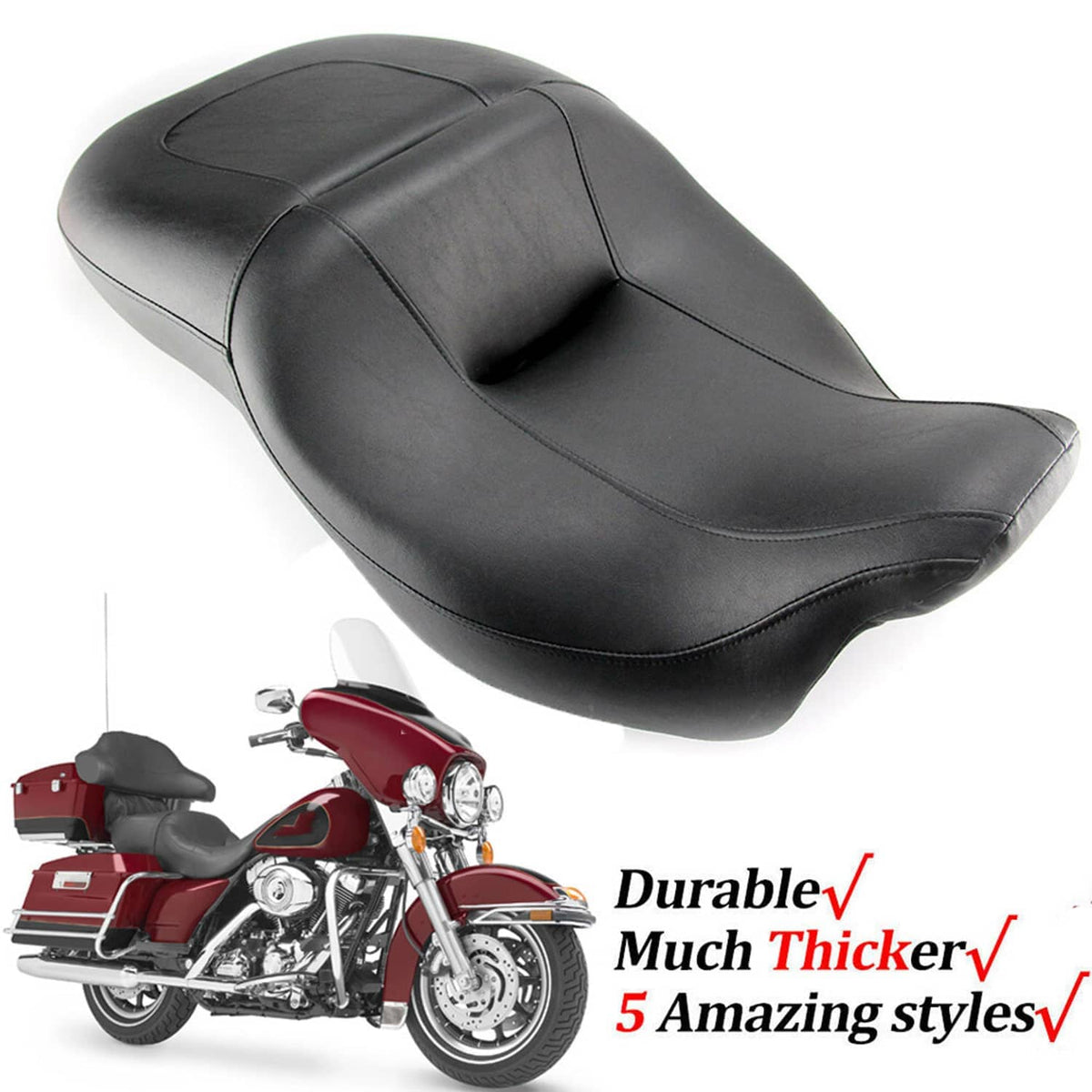 Black 2-up motorcycle seat, ergonomic shape with center seam and smooth stitched panels