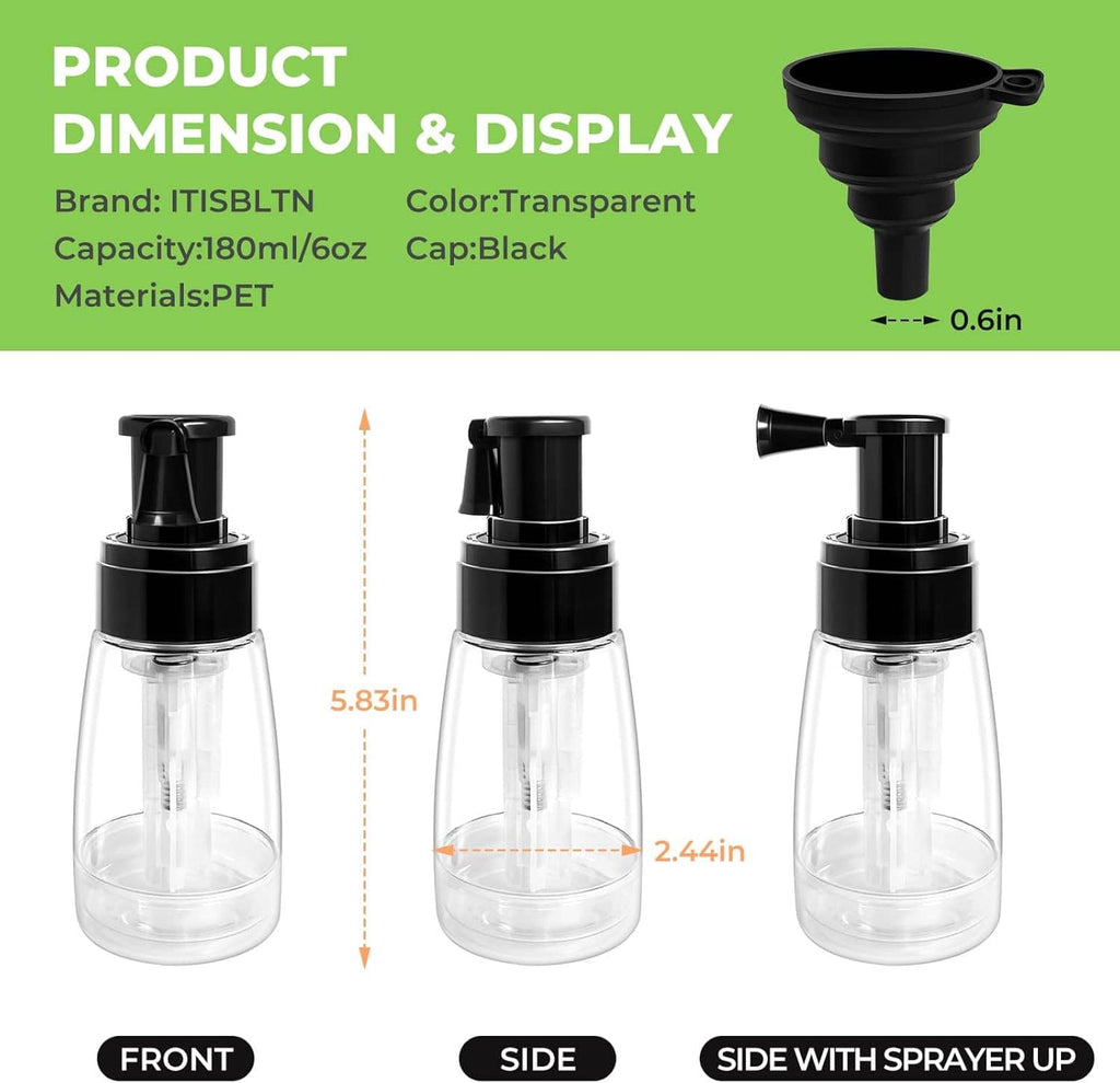 Transparent bottle powder duster with black nozzle, shown front and side views