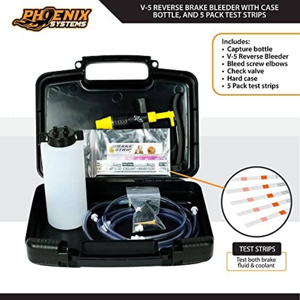 Brake bleeder kit in hard case with bottle, tubing, and 5 test strips