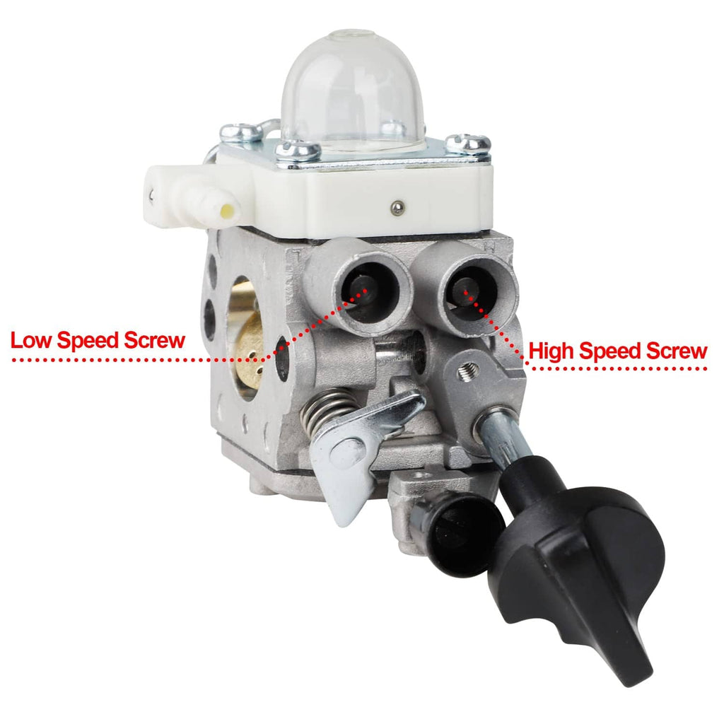 Carburetor with adjustable low- and high-speed screw ports and black throttle control knob