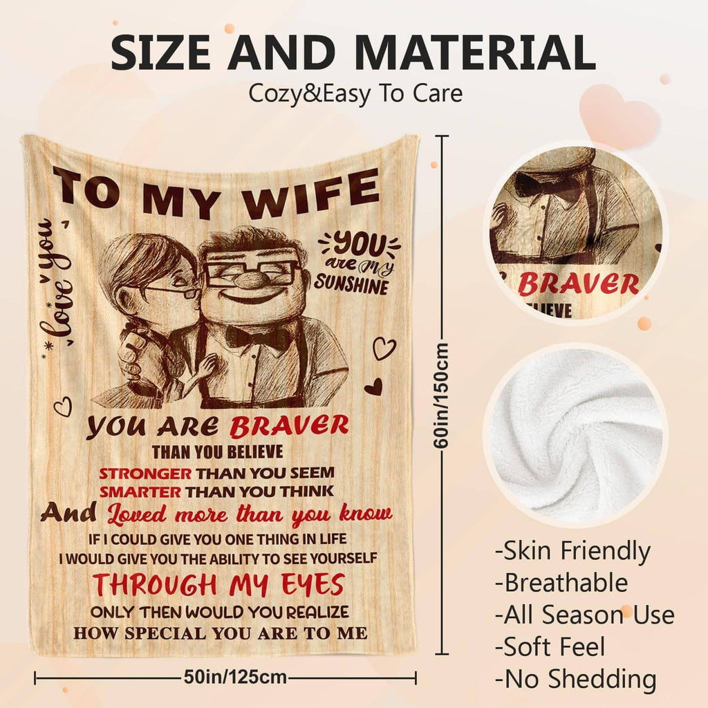 To My Wife throw blanket showing size 50x60in and soft, skin-friendly material icons