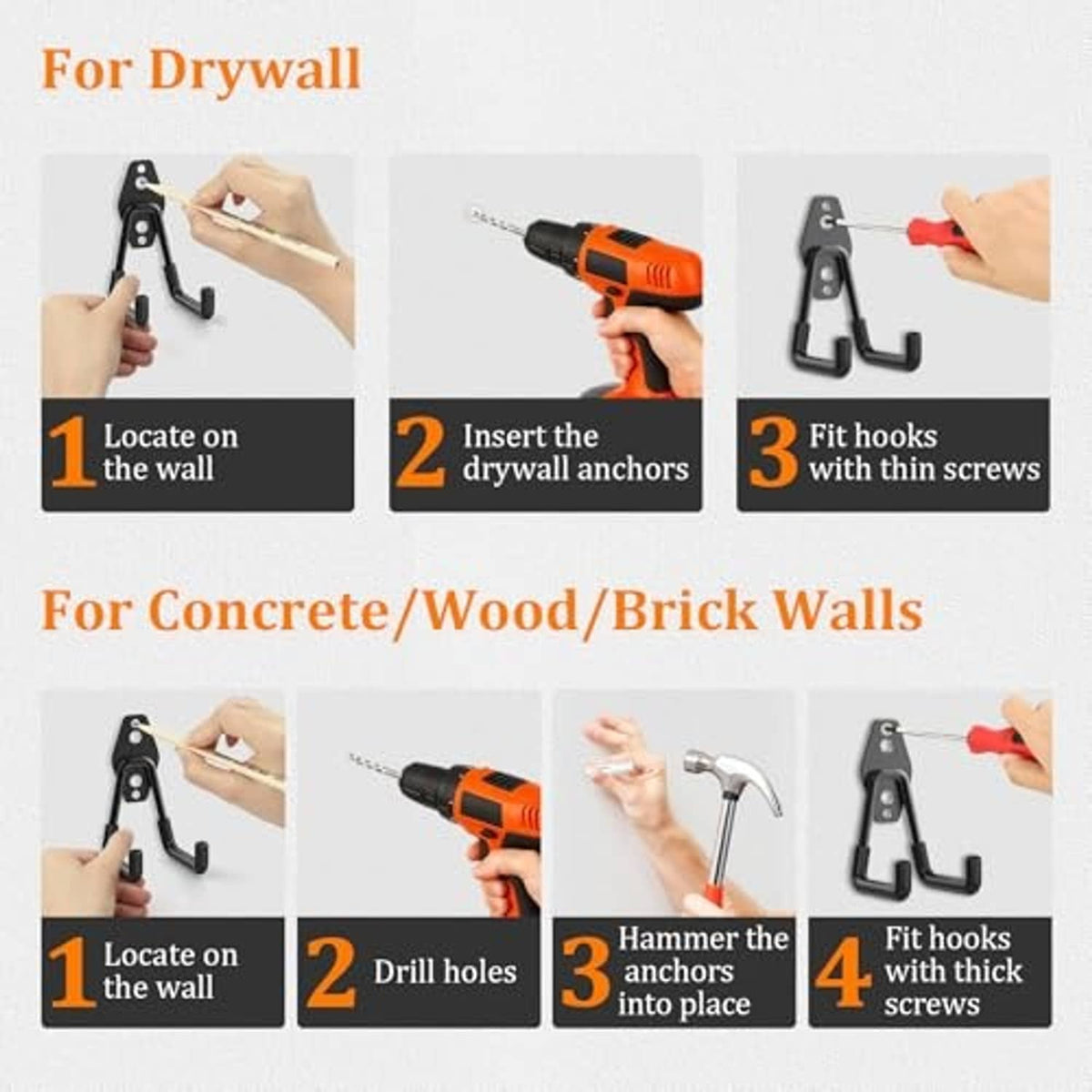 Installation guide for garage wall hooks: drywall and concrete/wood/brick wall mounting steps