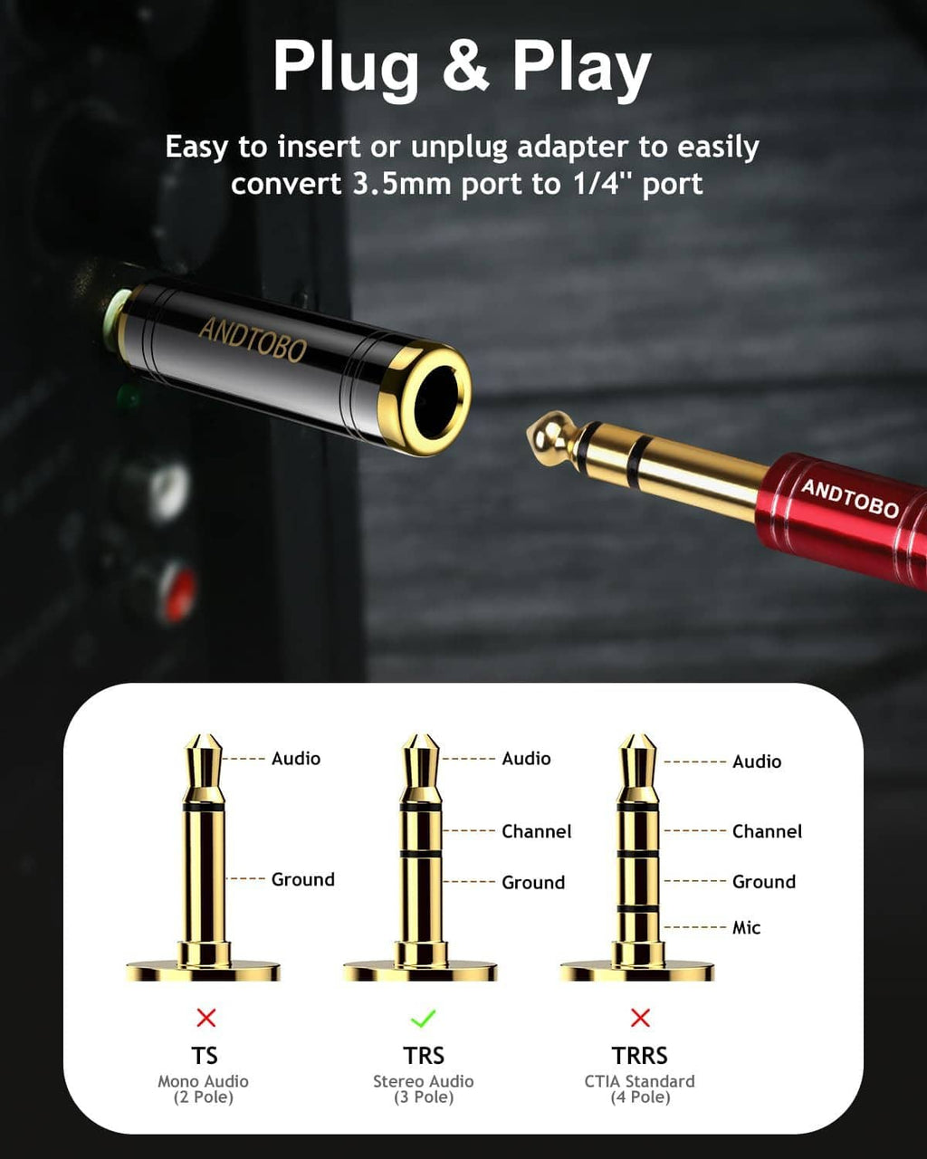 Stereo audio adapter for plug-and-play, 3.5mm to 1/4in connection, black housing, gold tips