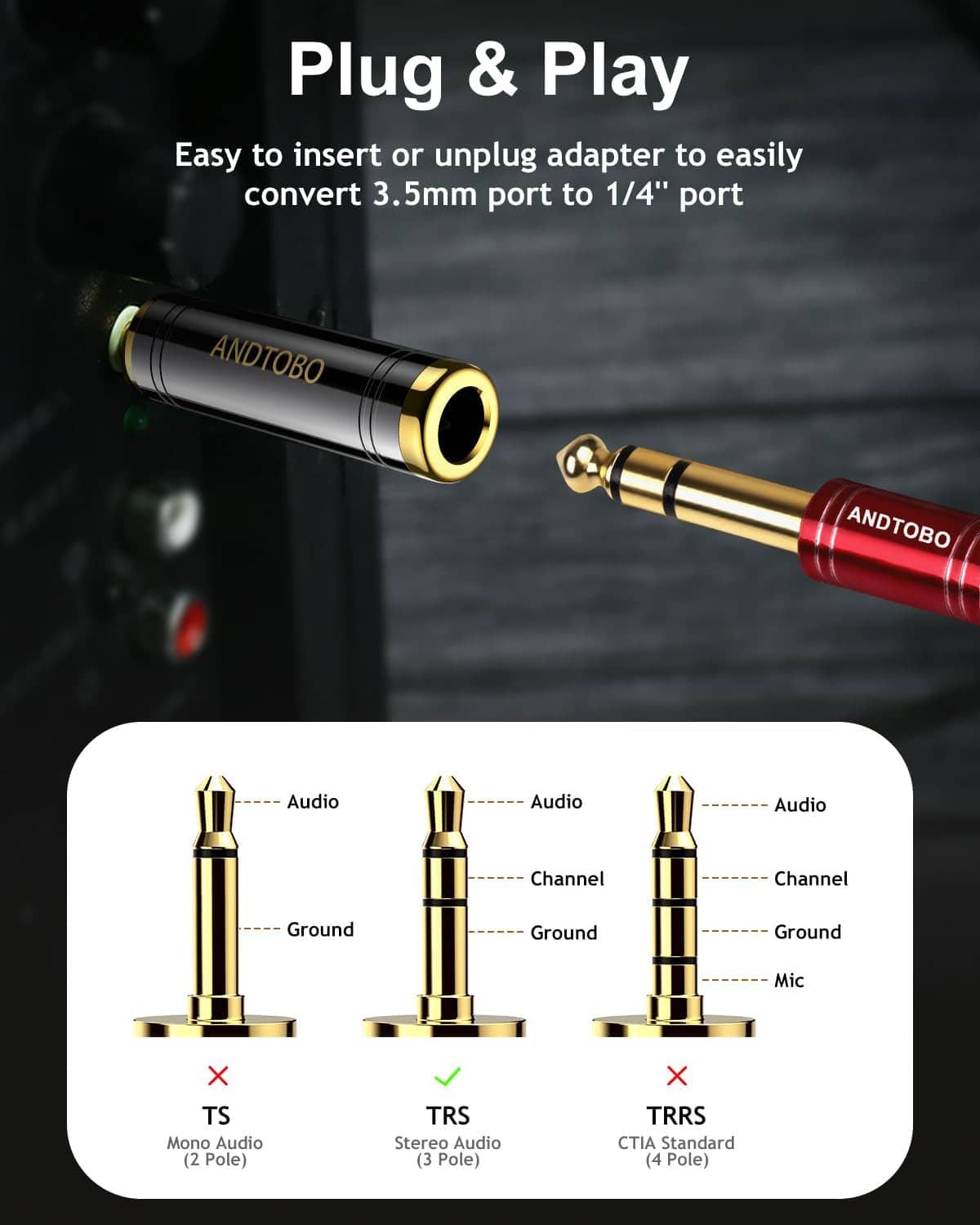 Stereo audio adapter for plug-and-play, 3.5mm to 1/4in connection, black housing, gold tips