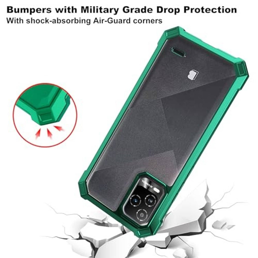 Green rugged phone case with shock-absorbing corners and textured back surface