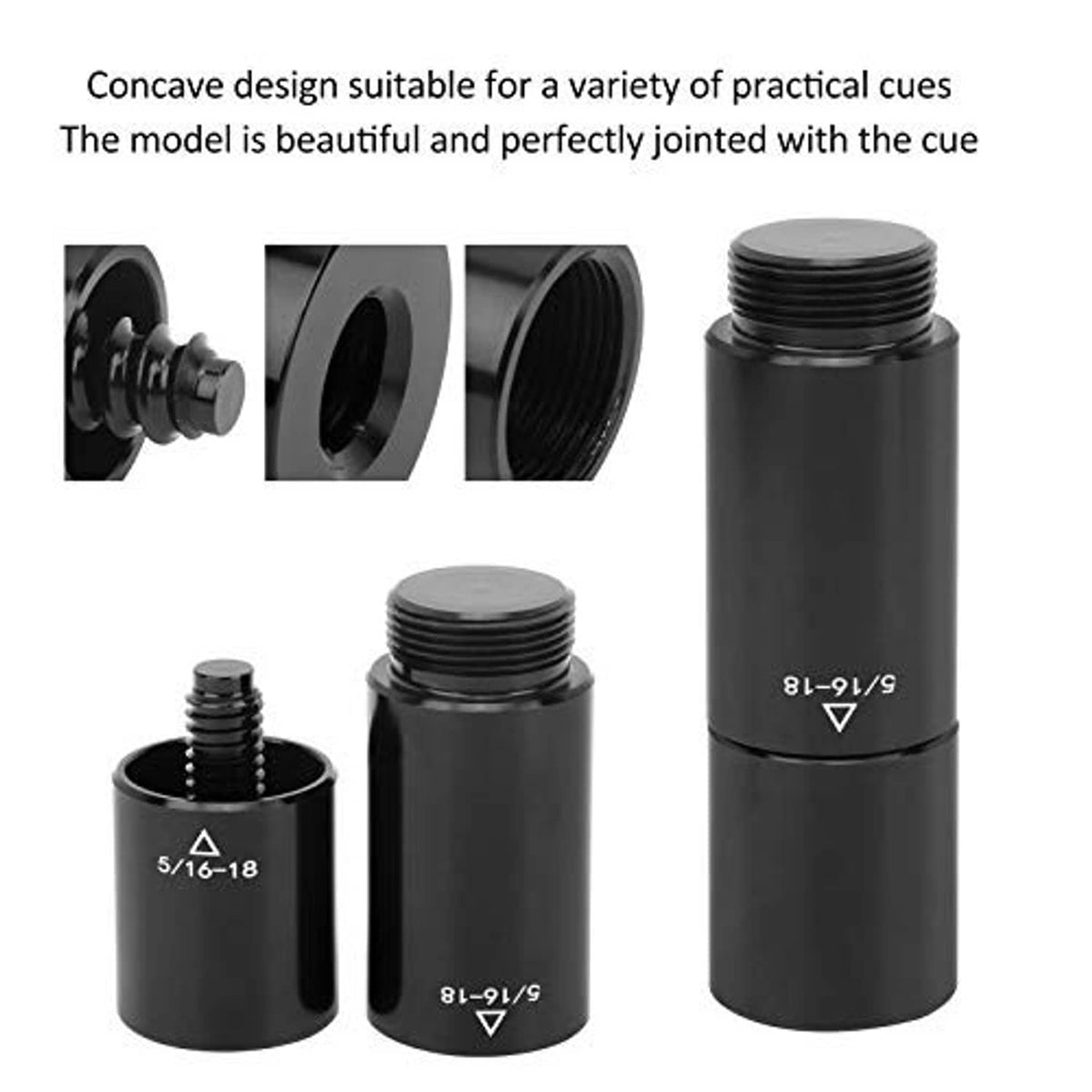 Black pool cue extension adapter shown from multiple angles with threaded connection ends