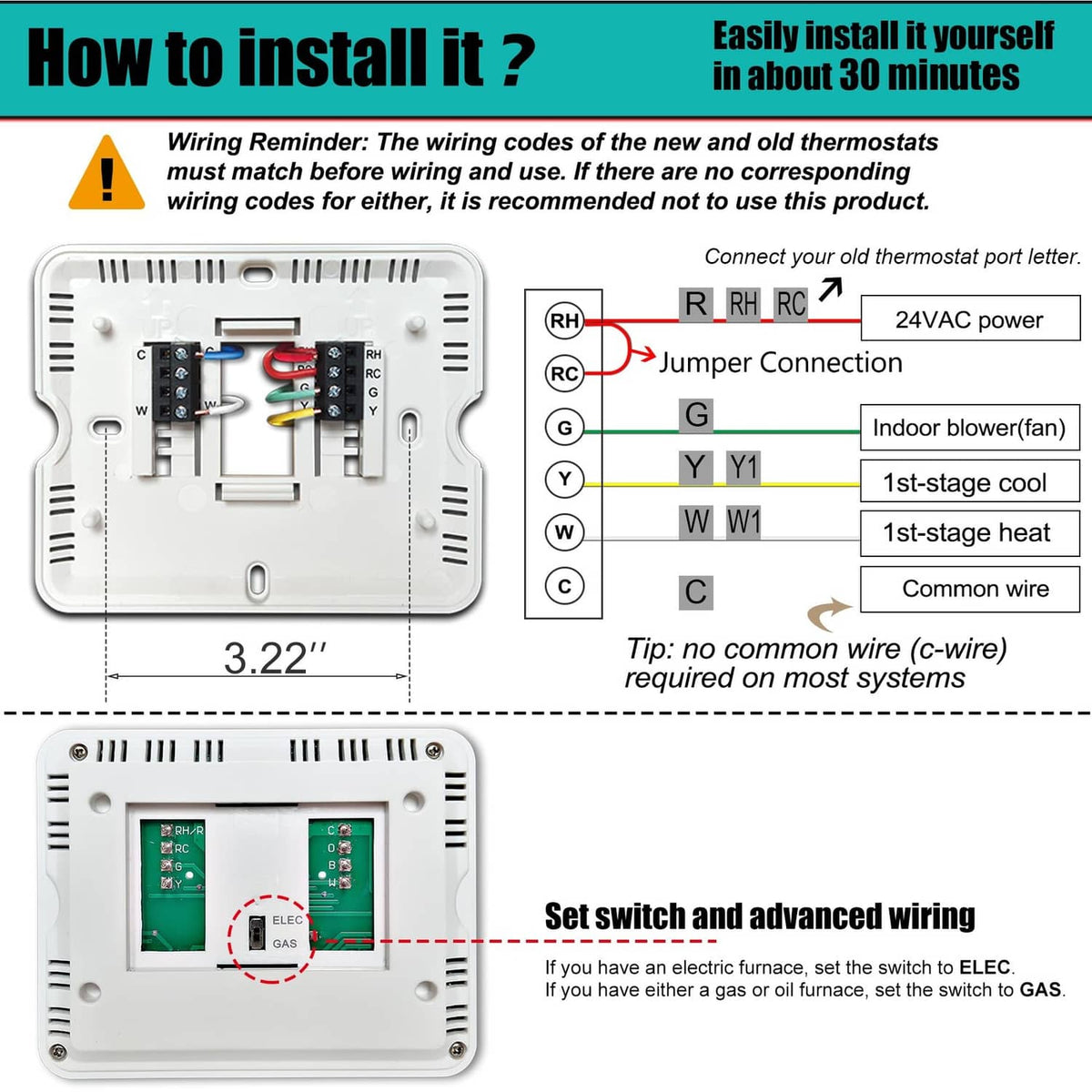 Thermostat wiring diagram showing terminals, jumper connection, and 24VAC power