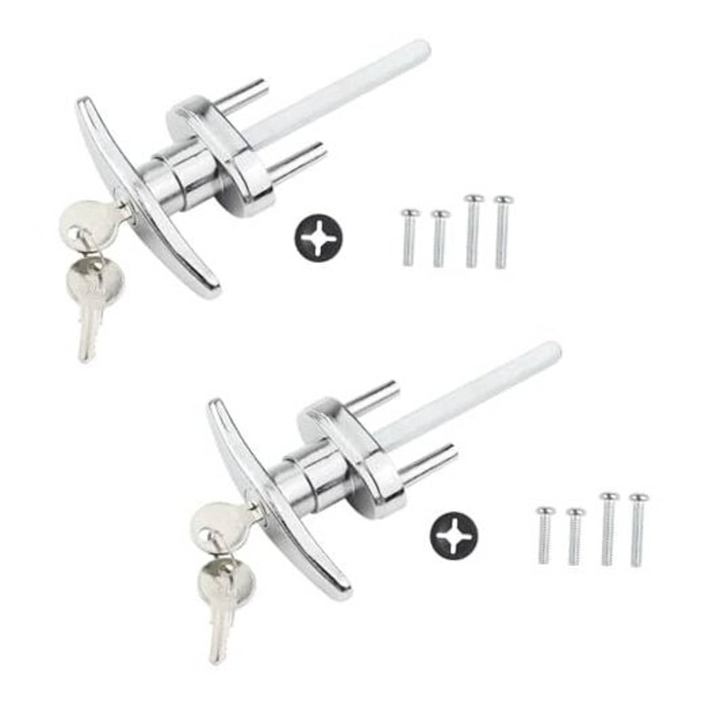T-handle garage door lock set with cylinder, 2 keys, and mounting screws, silver metal