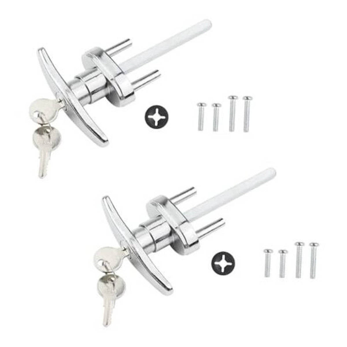 T-handle garage door lock set with cylinder, 2 keys, and mounting screws, silver metal