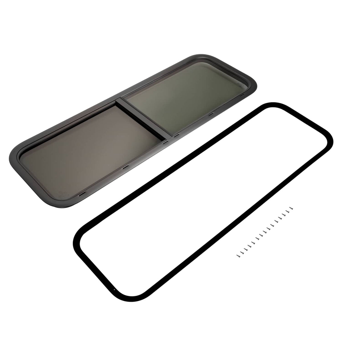 Sliding RV cargo trailer window with dark frame and tinted glass