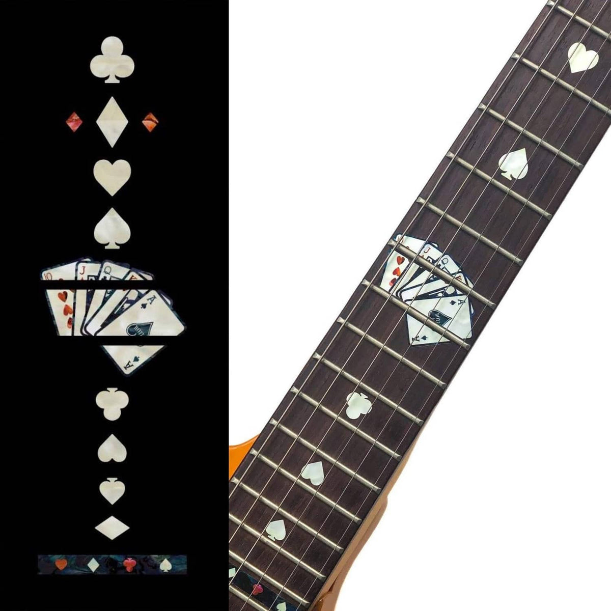 Guitar fretboard inlay sticker sheet with white clover, heart, and diamond motifs
