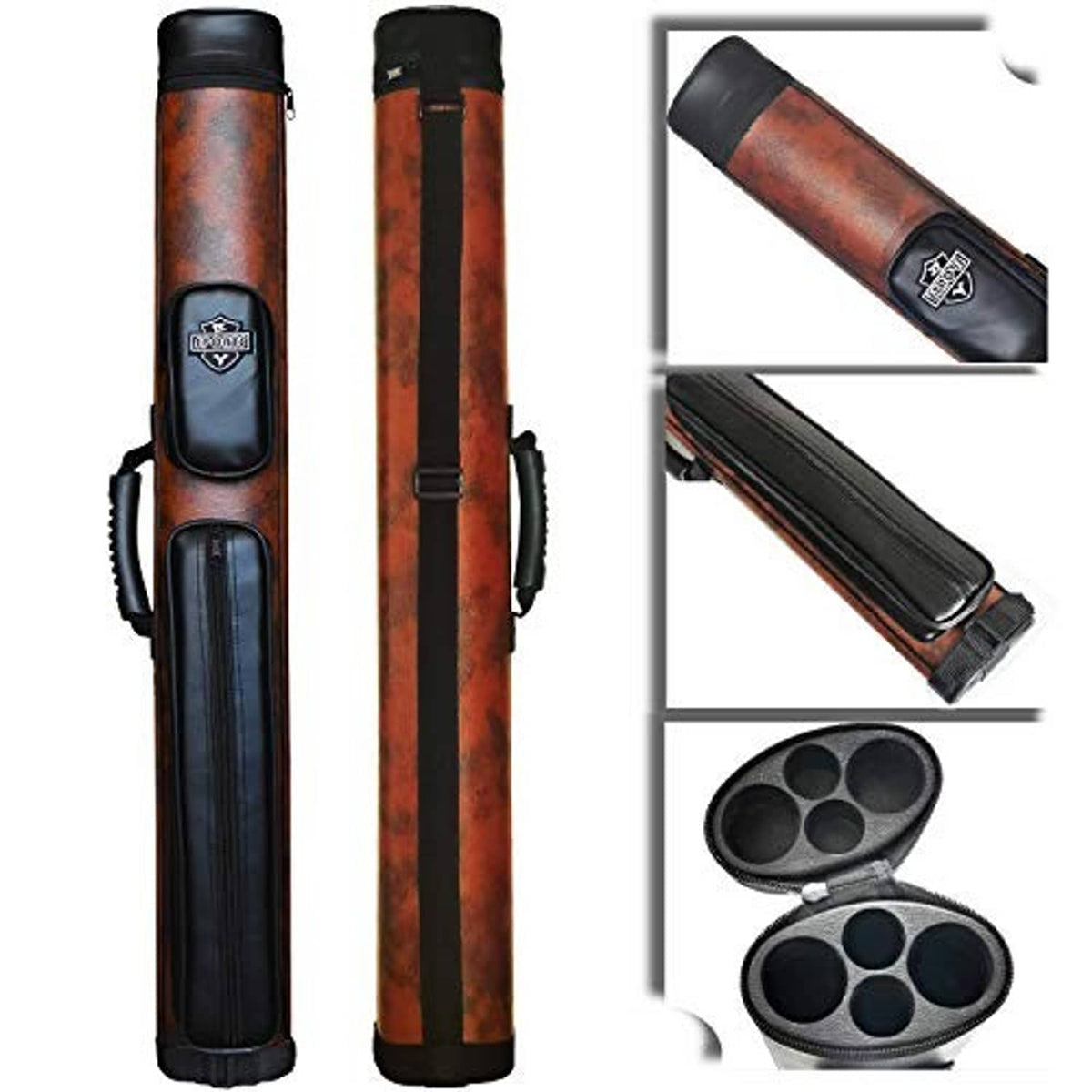 Oval pool cue case, brown-and-black double-cue sleeves with side handle and logo patch