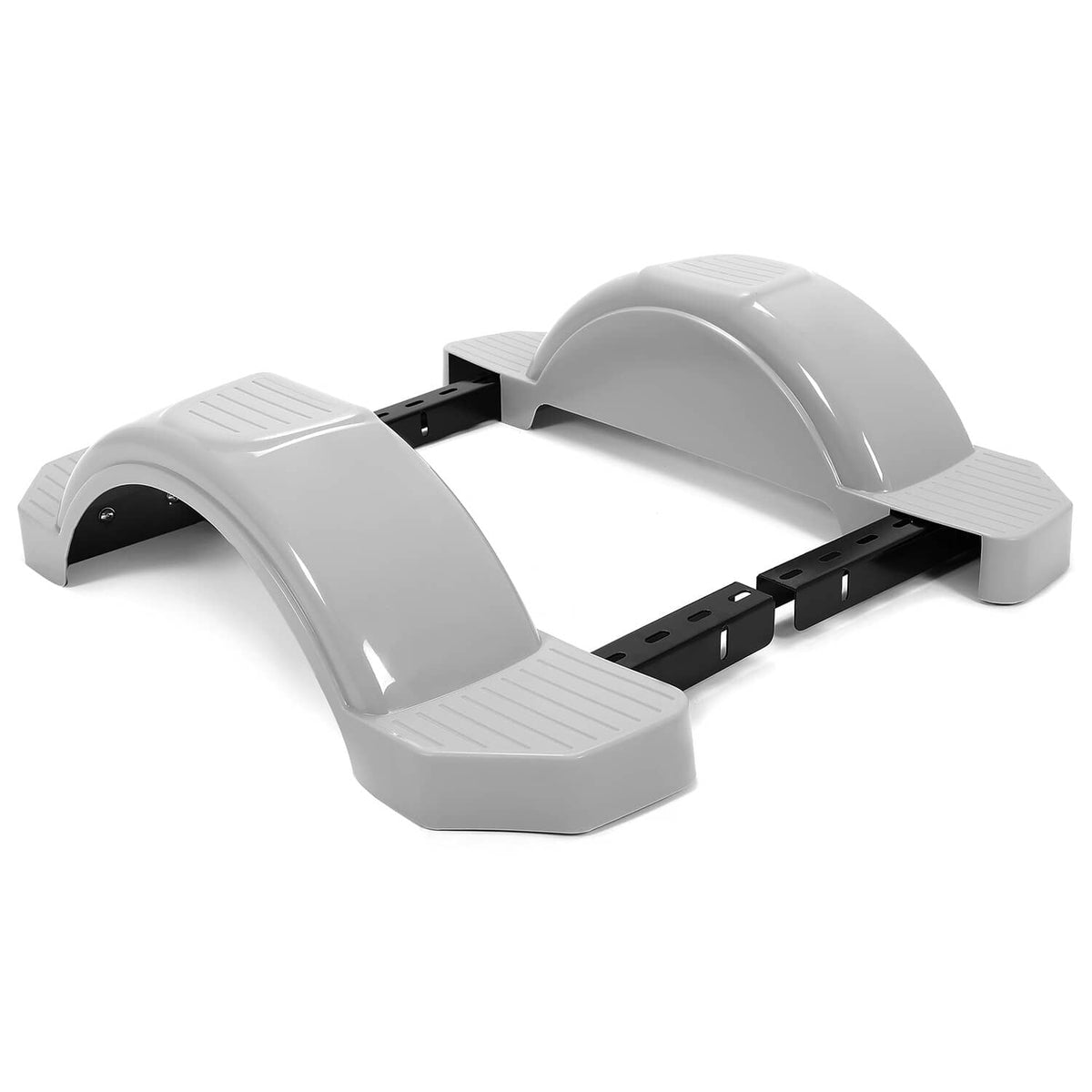 Gray trailer fender step kit with two curved covers and black mounting rails