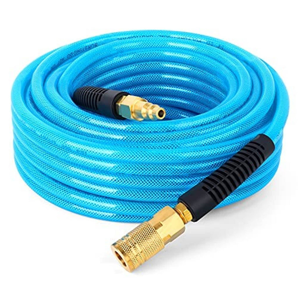 Blue polyurethane air hose coil with brass coupler and black grip end fitting