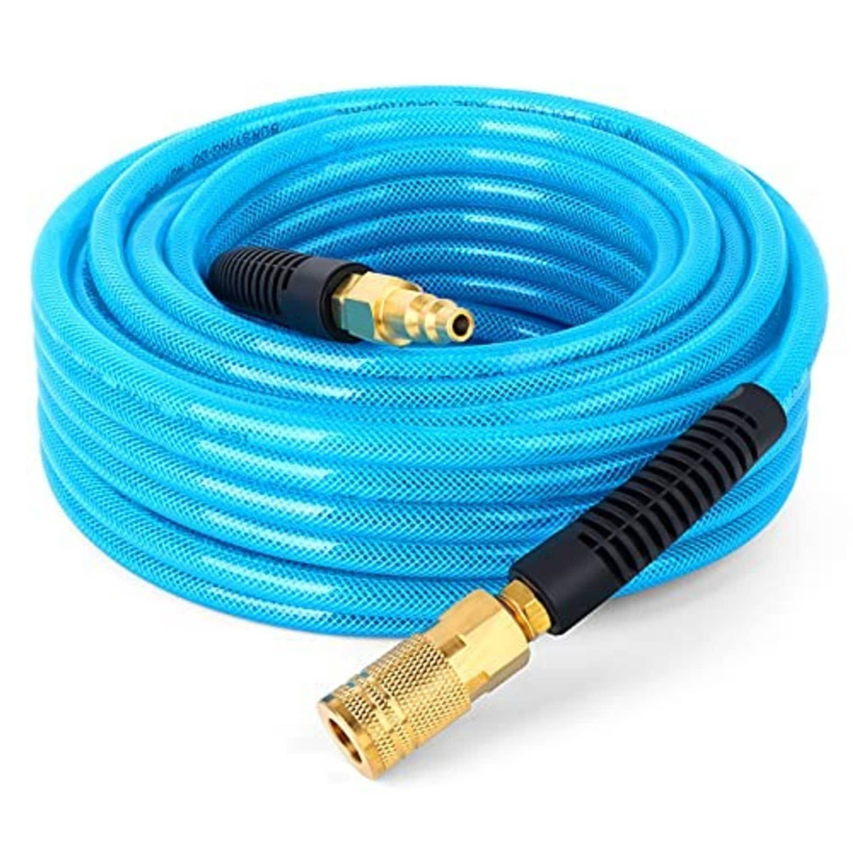 Blue polyurethane air hose coil with brass coupler and black grip end fitting