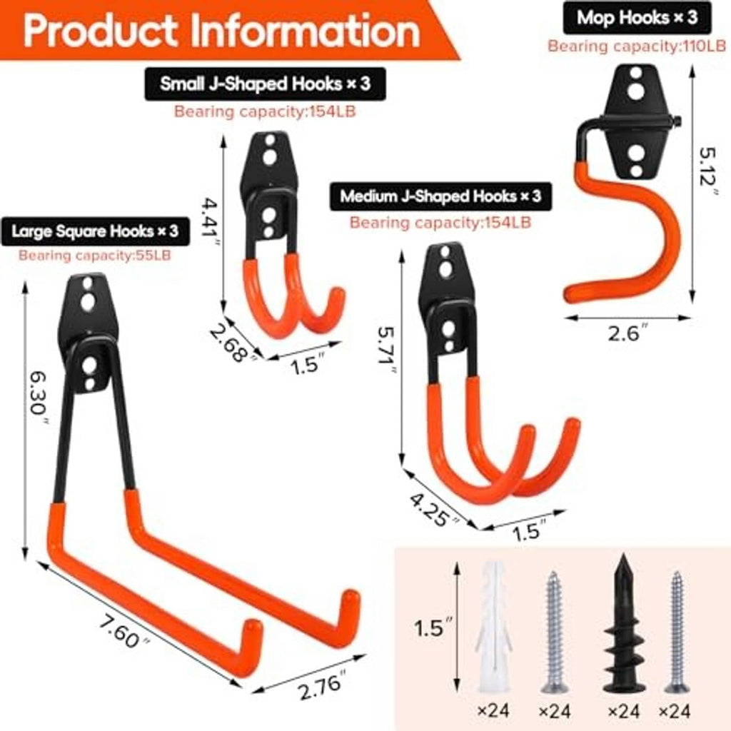Wall-mounted utility hook set with black plates and orange U hooks, size diagram