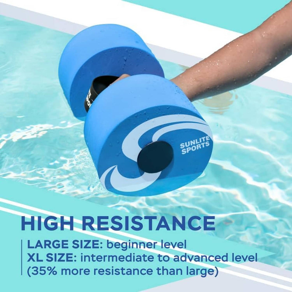 Blue EVA pool water dumbbells with black grip strap in an underwater workout