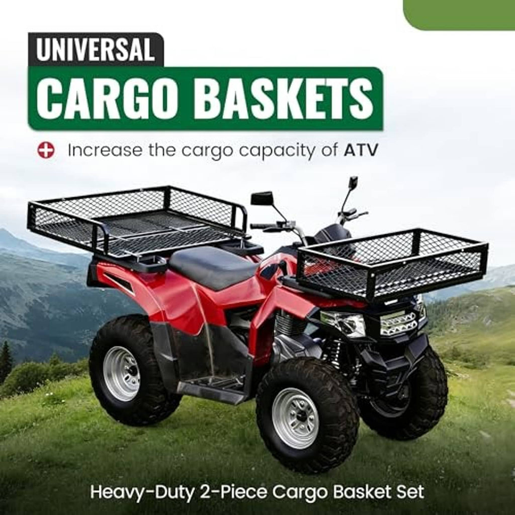 ATV with black steel mesh front and rear cargo baskets for hauling gear