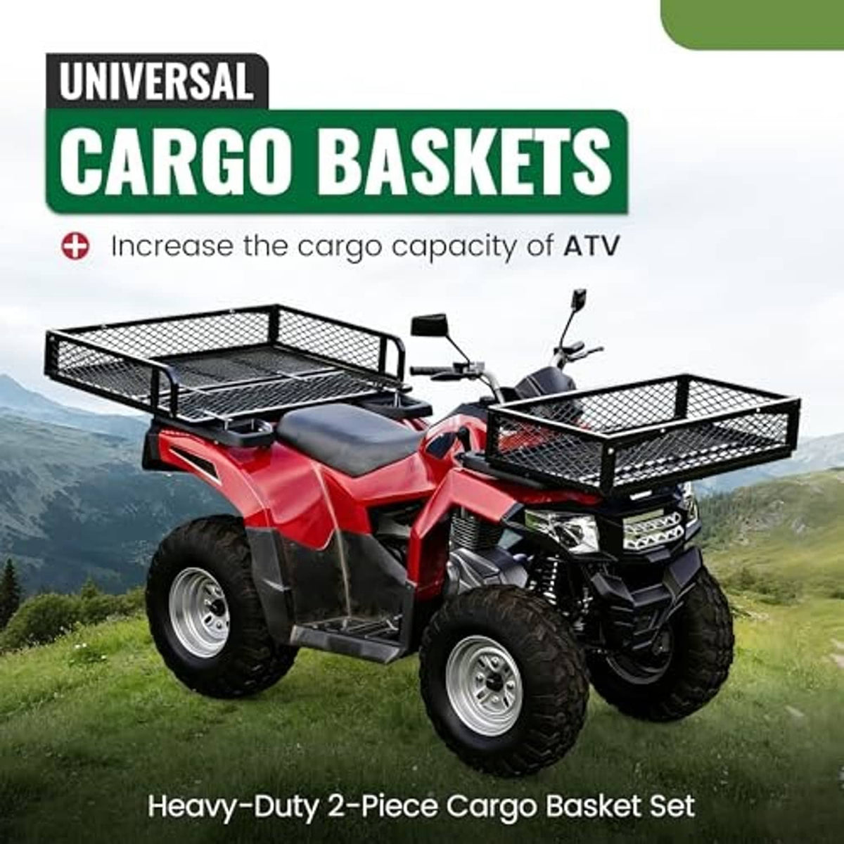 ATV with black steel mesh front and rear cargo baskets for hauling gear