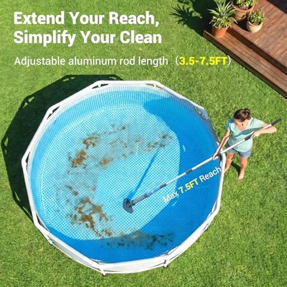Round pool vacuum debris skimmer basket with long adjustable handle