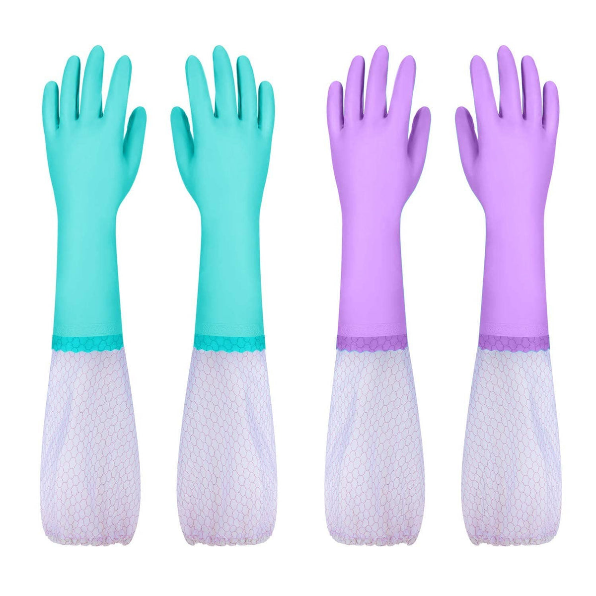 Reusable long-sleeve dishwashing gloves set: teal and lavender purple with white cuff