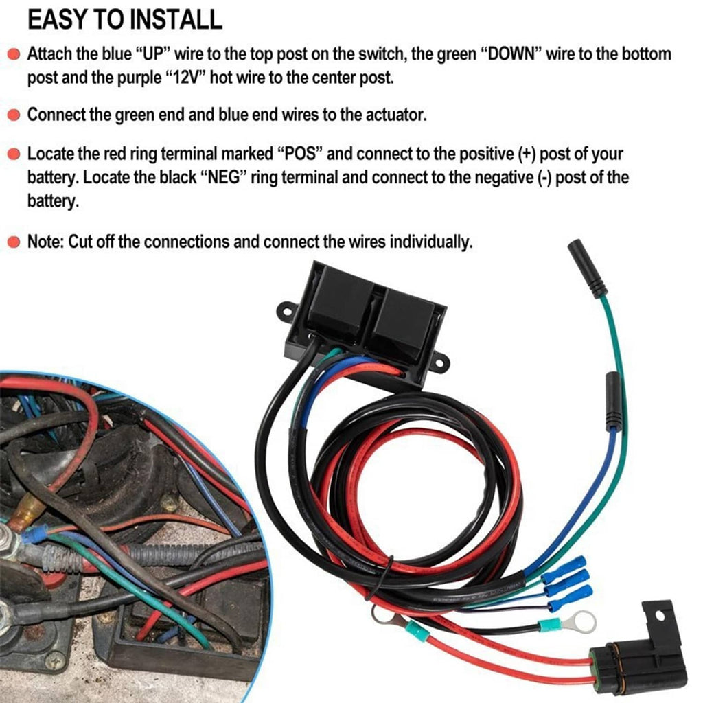 Relay harness kit layout with labeled-style wire ends, black connectors, and blue spade terminals