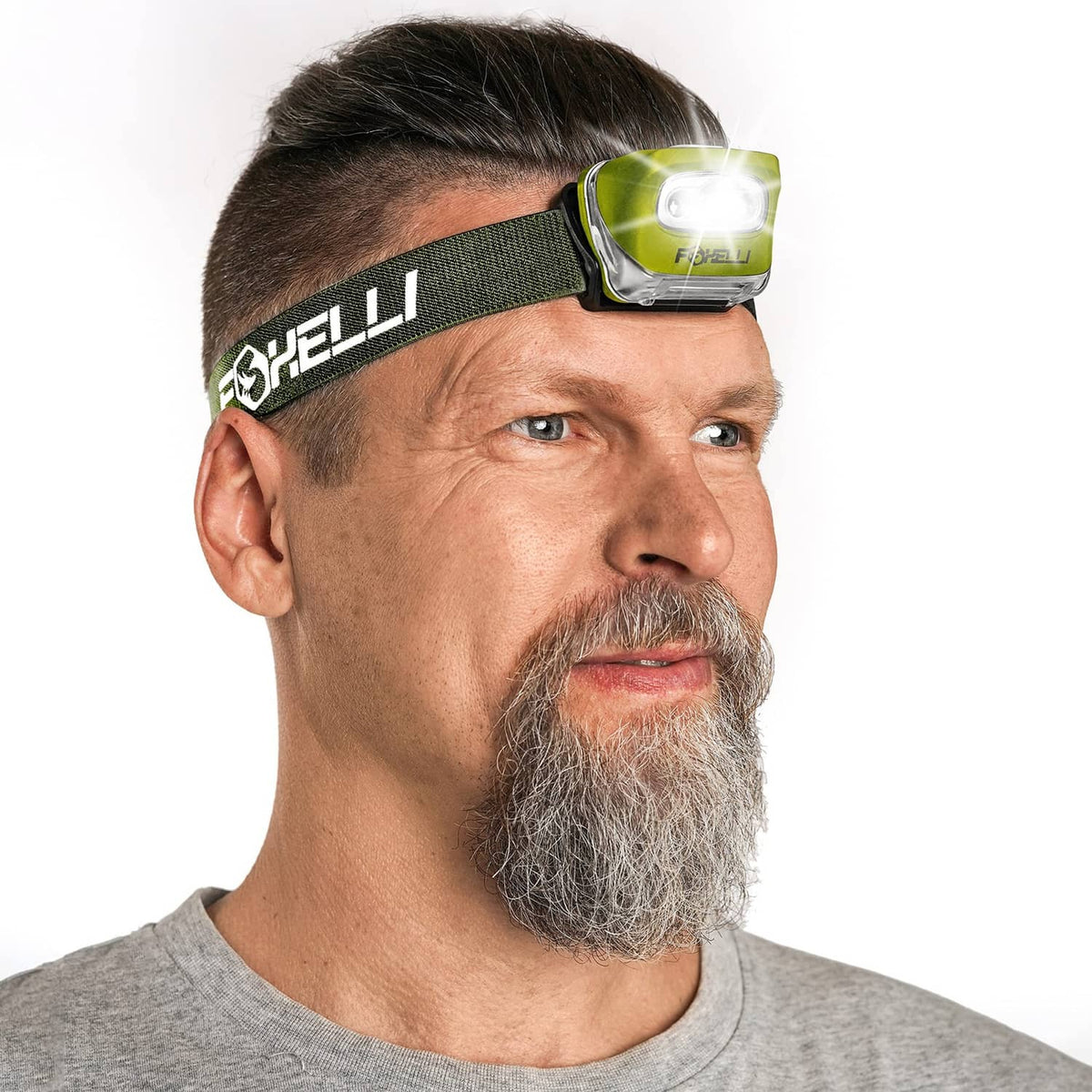 Foxelli LED headlamp on khaki strap, clear front lens with white LED light