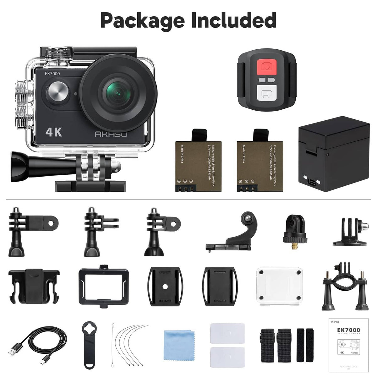 AKASO EK7000 package contents: action camera, remote, batteries, and mounting kits