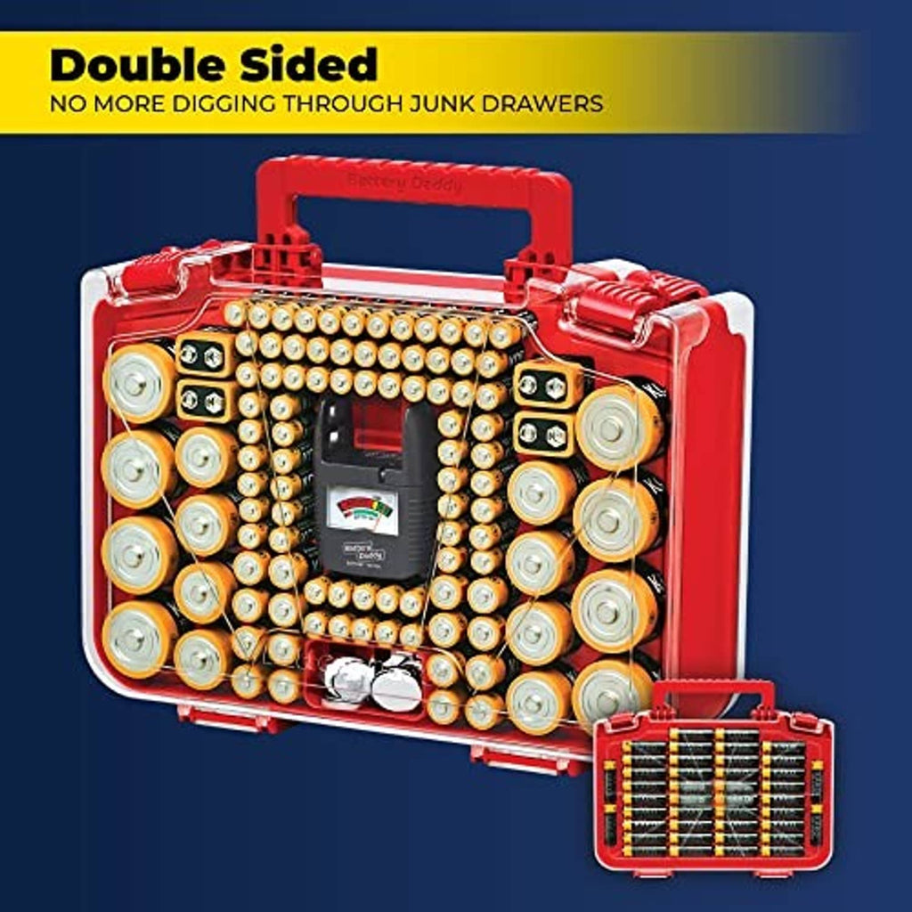 Red battery organizer case with double-sided storage and built-in tester, 150 capacity