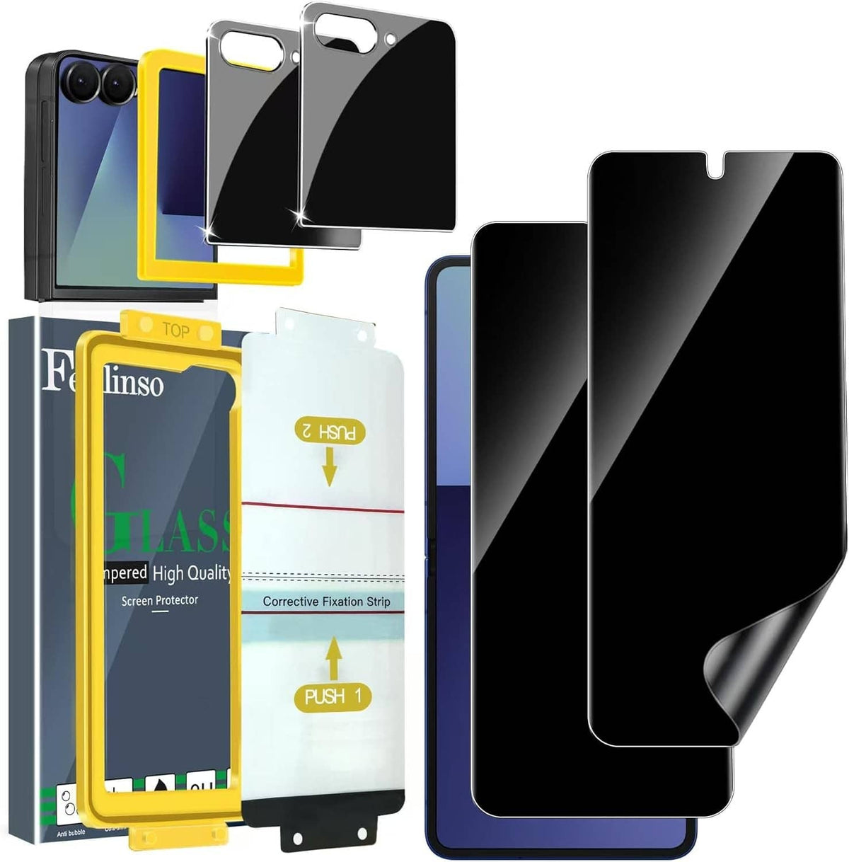 Ferilinso privacy screen protector kit for Z Flip, black film set with camera cutouts