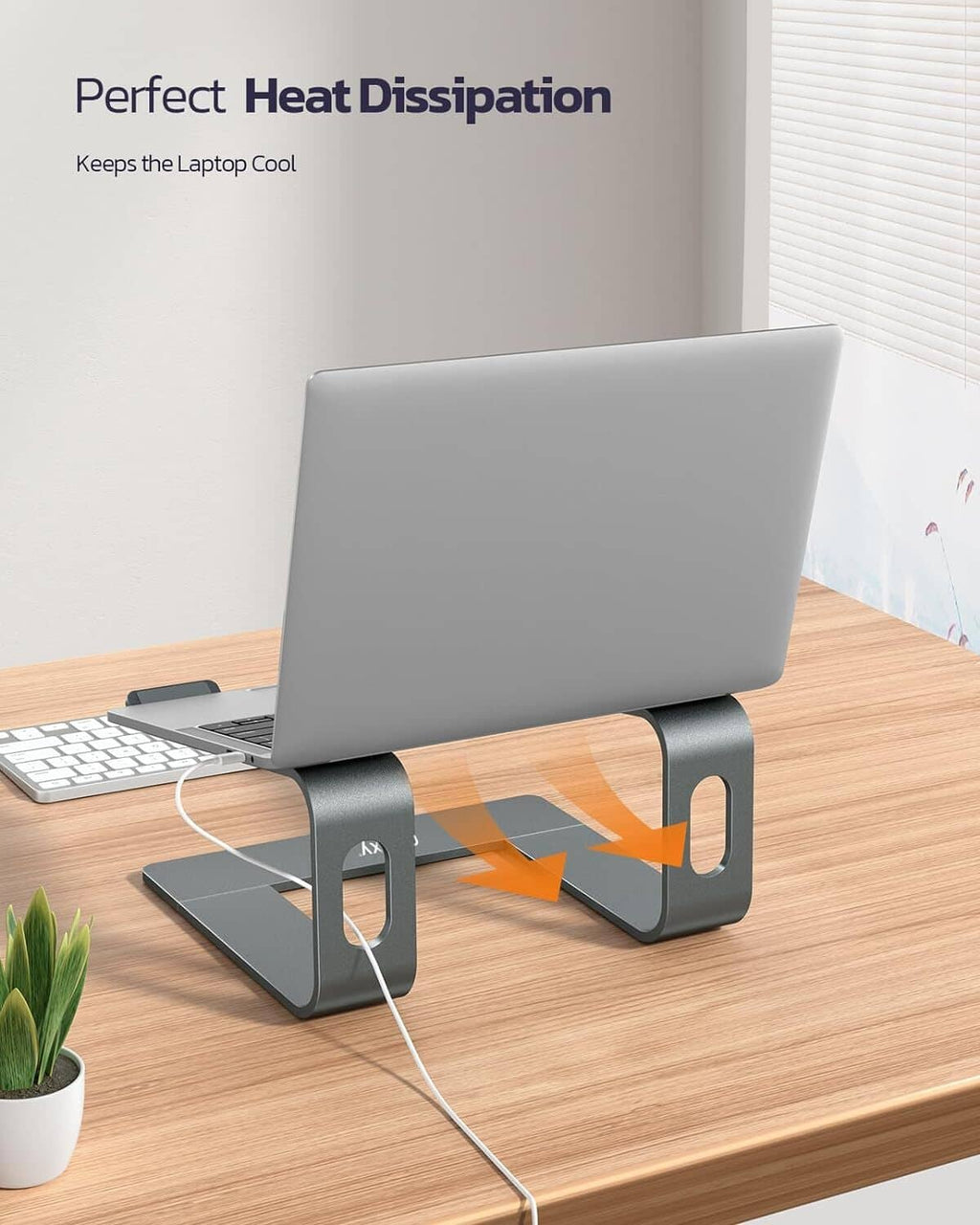 Dark gray laptop stand riser with airflow channels and vented front cutout