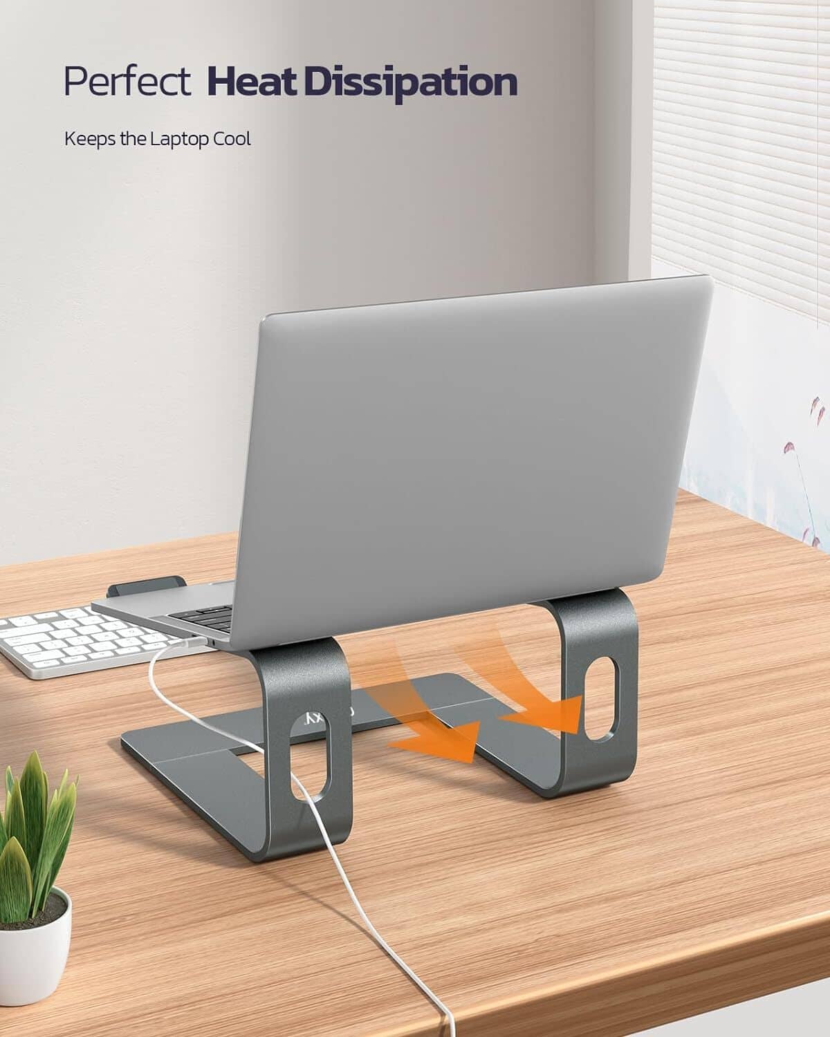 Dark gray laptop stand riser with airflow channels and vented front cutout