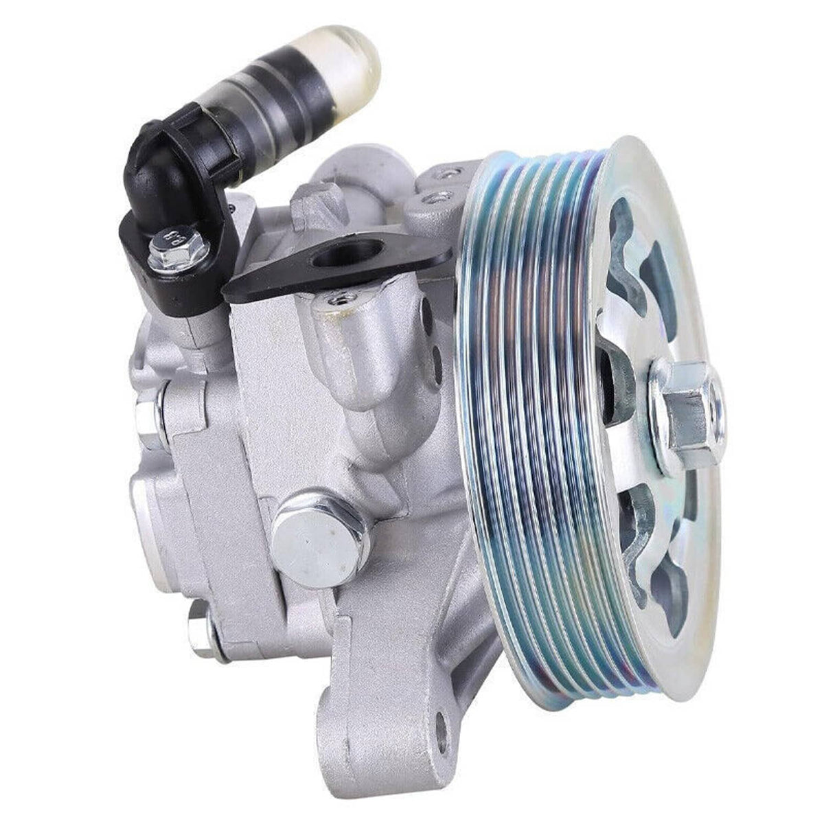 Power steering pump with ribbed pulley and silver body, black hose connection at top