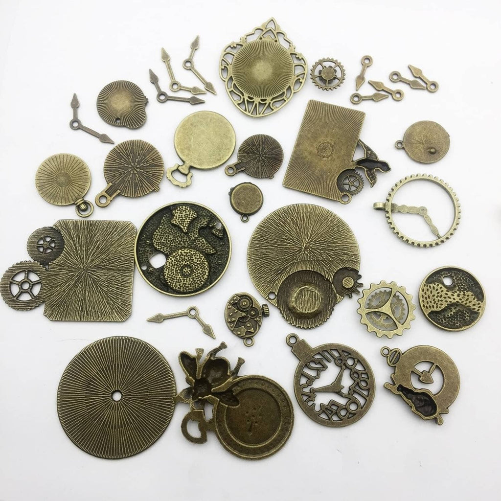 Antique bronze steampunk clock face and gear charm set, mixed dials and cogs