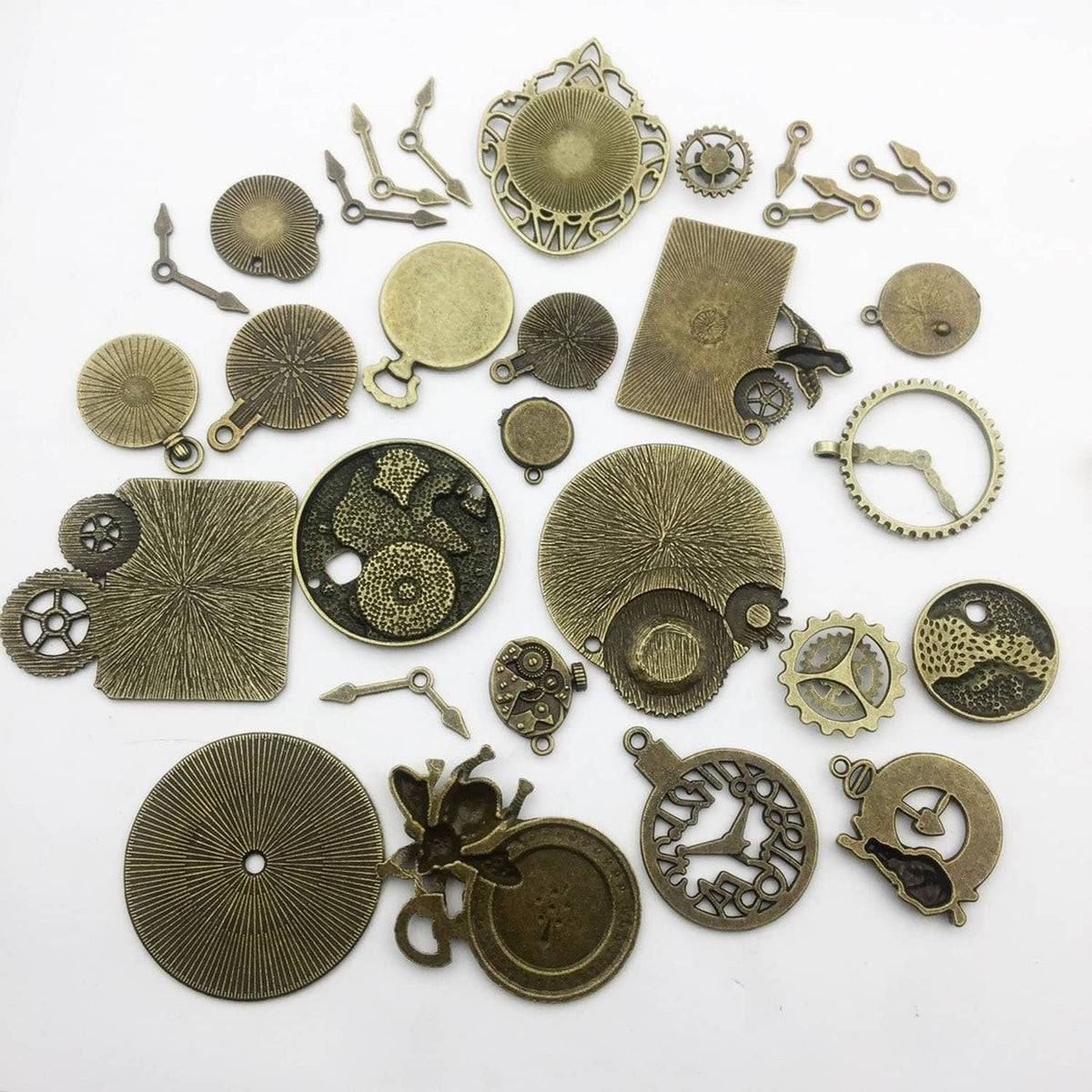 Antique bronze steampunk clock face and gear charm set, mixed dials and cogs