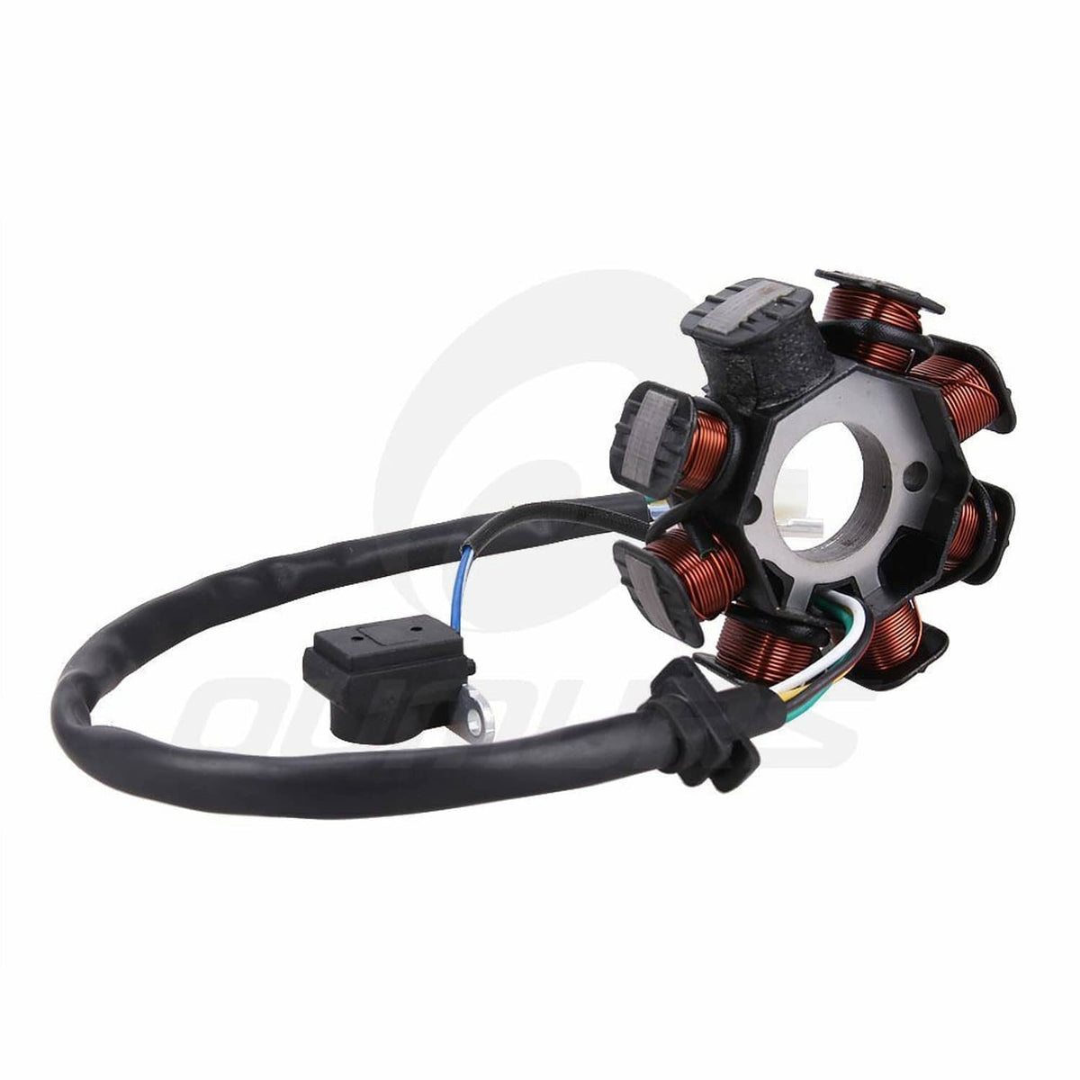 8-pole magneto stator side view with copper coils and black wire harness connectors