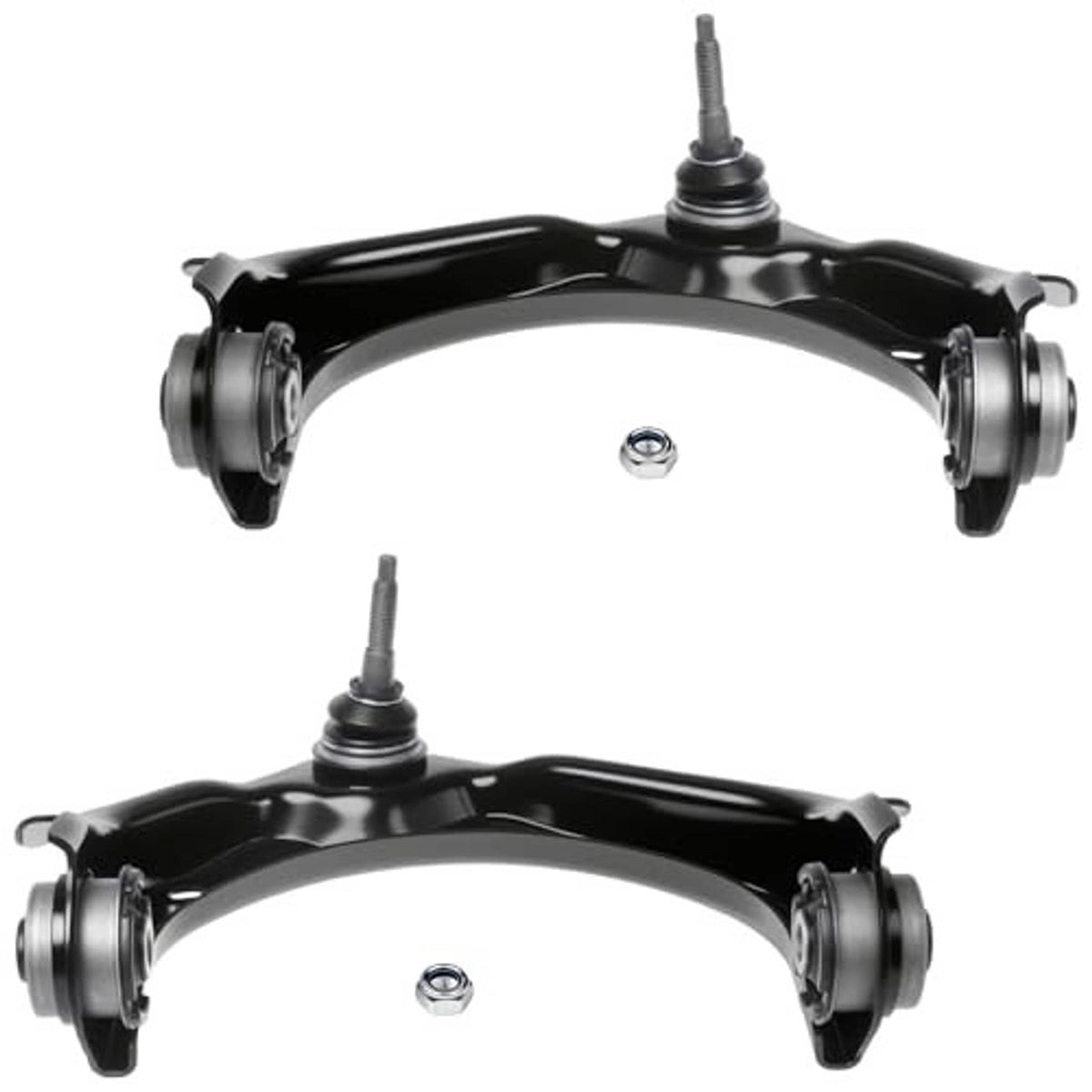 Front upper control arms with ball joints, black, front view of left/right set