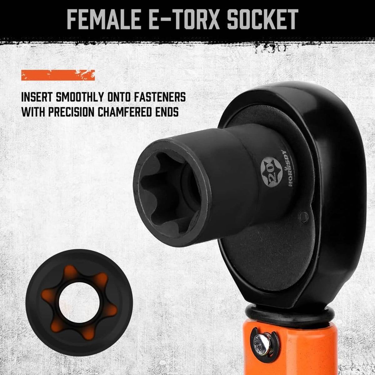 Female E-Torx socket driver with black bit and orange ring, plus round adaptor