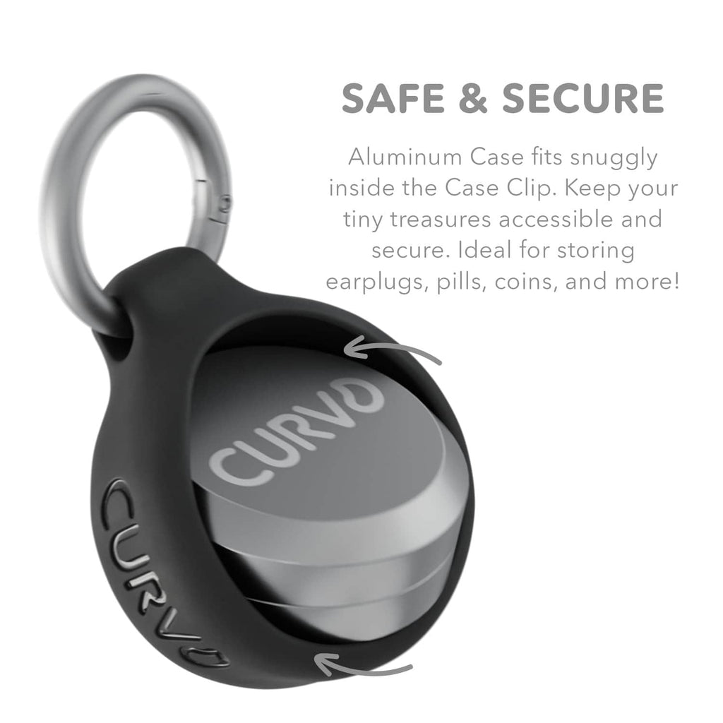 Black silicone and aluminum keychain case with metal carabiner clip, CURVO logo lid