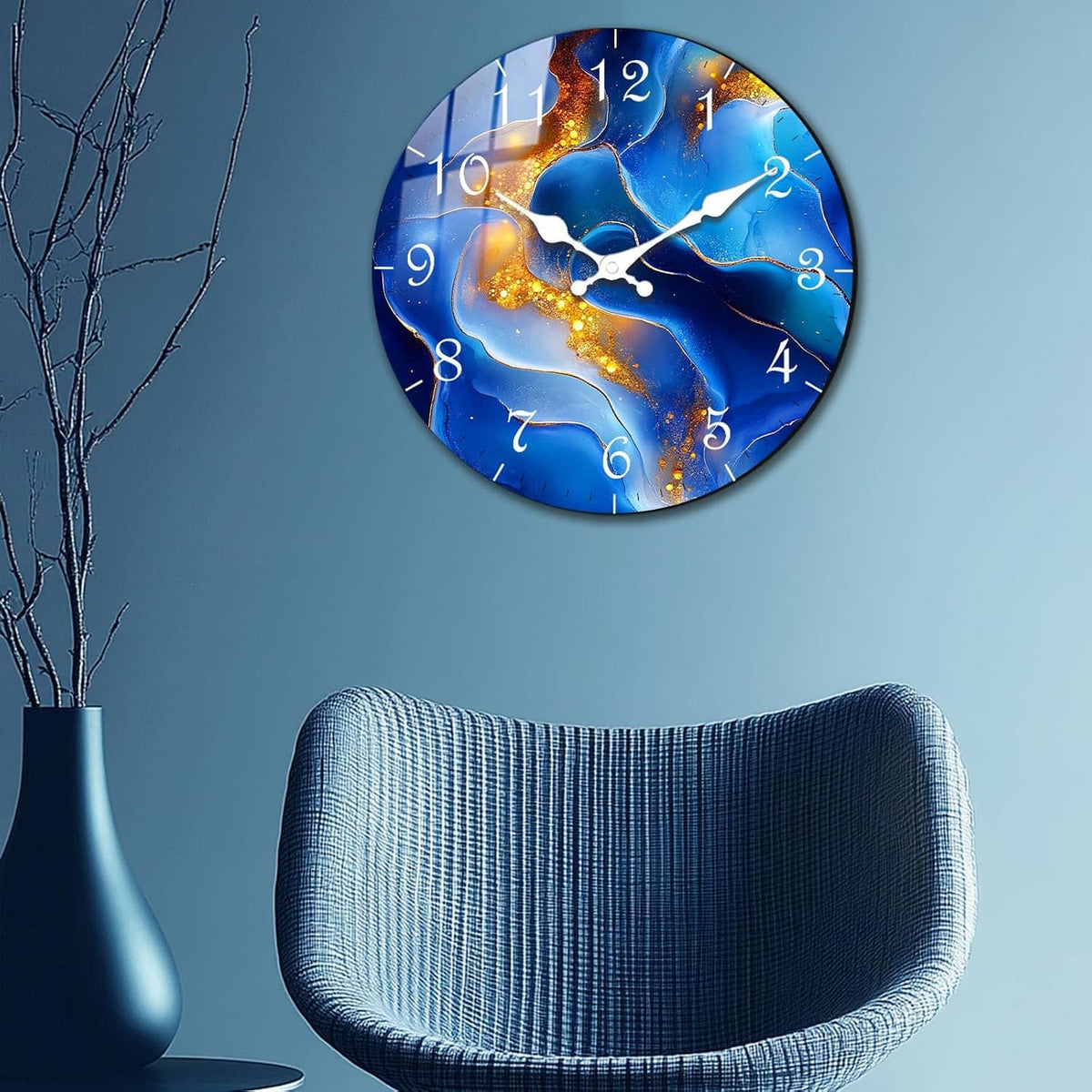 Wall-mounted blue marble round clock with gold streaks, white hands, and numbered face