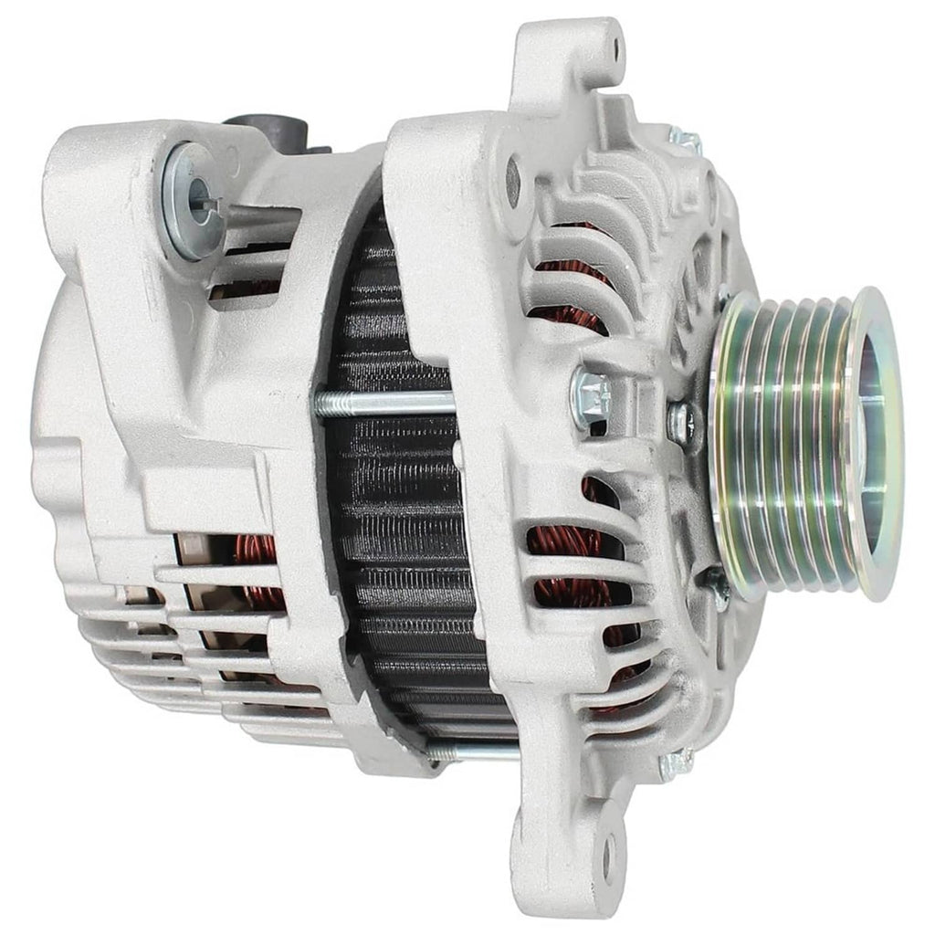 12V 95A alternator with silver pulley and vented housing, angled rear view