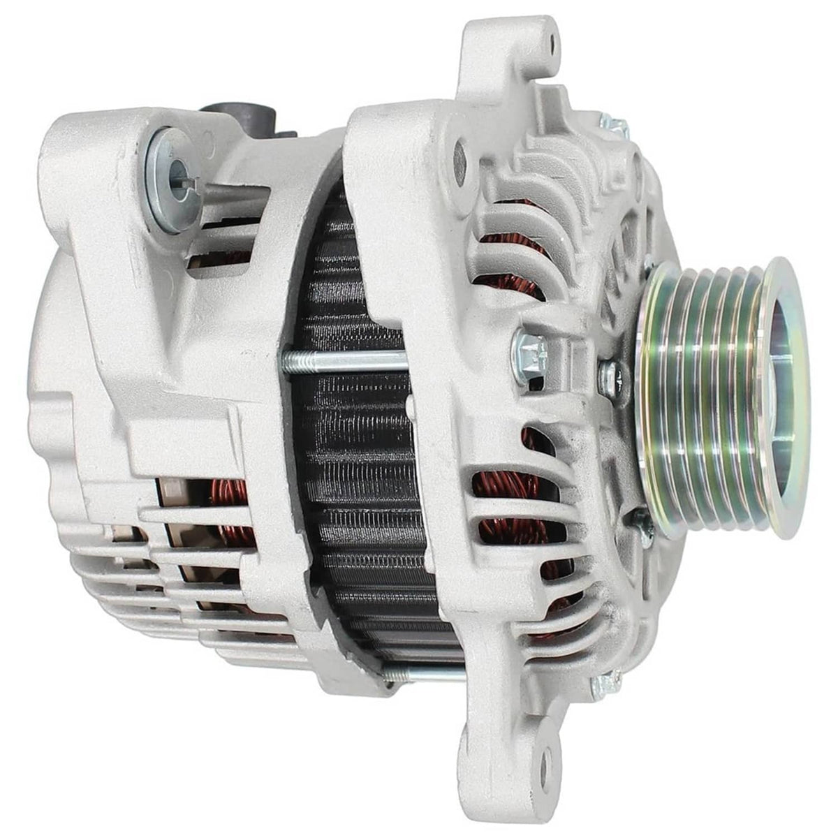 12V 95A alternator with silver pulley and vented housing, angled rear view