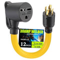 30 Amp welder adapter cord with yellow cable and black L14-30P plug to 6-30R connector