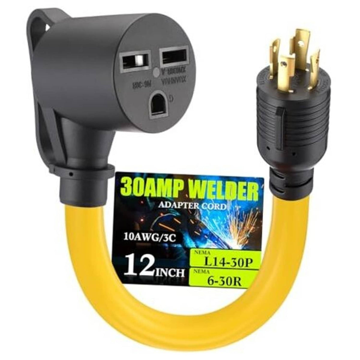 30 Amp welder adapter cord with yellow cable and black L14-30P plug to 6-30R connector